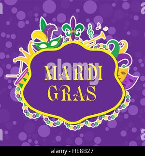 L'affiche de Mardi Gras avec masque, perles, trompette, tambour, fleur de lis, jester hat, masques, comédie et drame. Modèle de carnaval, flyer, invitation. Mardi gras l'arrière-plan. Vector illustration Illustration de Vecteur