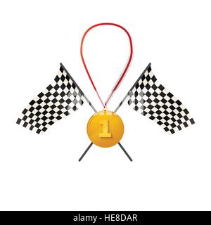 Médaille d'or brillant lumineux pour la première place avec les drapeaux, isolated on white Illustration de Vecteur