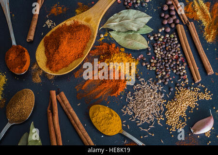 Épices diverses cuillères sur table en pierre Banque D'Images