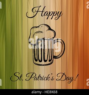 Vector illustration dessinée à la main d'une bière sur fond de bois teinté avec les couleurs du drapeau national de l'Irlande. Illustration de Vecteur