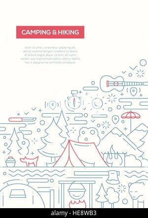 Camping et randonnée - brochure design ligne modèle d'affiche A4 Illustration de Vecteur