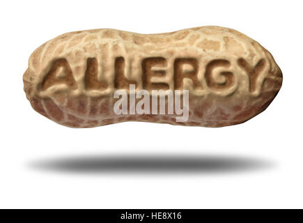 Allergie aux arachides allergies aux noix et concept symbole médical avec texte en relief un ingrédient décortiqués comme allergène avertissement avec l'élément 3D illustration Banque D'Images