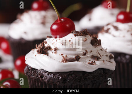 Petits gâteaux au chocolat gourmet avec cerise Forêt noire horizontale de macro. Banque D'Images