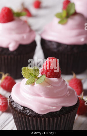 De beaux petits gâteaux au chocolat avec crème rose framboise et macro. La verticale Banque D'Images