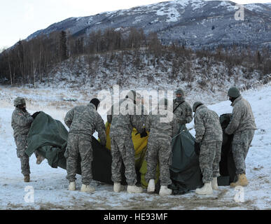 Soldats affectés au 6e bataillon du génie (Combat) (Airborne) décomposer un 10-man tente arctique arctique au cours de l'instruction individuelle de la lumière sur le sentier de Bulldog, le 6 décembre 2012, au-dessous de zéro. ALIT est l'armée des États-Unis Alaska's programme d'endoctrinement par temps froid. Il donne à tous les soldats, quel que soit leur emploi, la Fondation pour le travail, de former, et de faire la guerre dans certains des environnements les plus rudes au monde. Justin Connaher) Banque D'Images