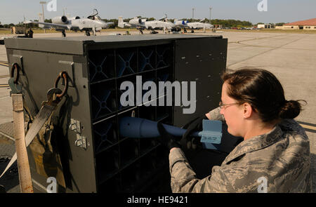 Thieoff Ashley SrA, à partir de la 111e Escadre de chasse, New York Air National Guard, ARS Willow Grove, réalise une EDR-33 bomb de son cas et la déplace sur un jet A-10 à la base aérienne MacDill.. L'A-10, à partir de la 103e Escadron de chasse, New York Air National Guard, ARS Willow Grove, est en compétition dans la livraison d'armes à Avon Park Compilation Air Force Range, en Floride. Banque D'Images