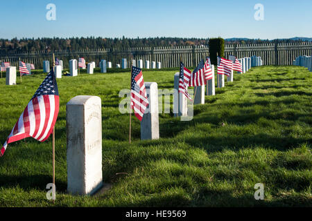 Drapeaux américains à la whip autour de lieux de sépulture des membres de services américain tombé sur Jour des anciens combattants au Fort George Wright Cimetière des anciens combattants, le 11 novembre 2014, à Spokane, dans l'Airway Heights' aux anciens combattants des guerres à l'étranger Poster 3386 et Fairchild Air Force Base et la garde d'honneur de la troupe de scouts 342 a présenté les couleurs, les couronnes et les honneurs au cours de cette cérémonie de la Journée des anciens combattants qui ont amené les membres de la communauté et de services ensemble. Une loi approuvée le 13 mai 1938, faite le 11 novembre de chaque année, un jour férié dédié à la cause de la paix dans le monde aux soldats, marins, aviateurs et marines, anciens combattants américains, de toutes les guerres. Banque D'Images