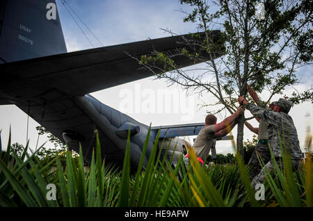 Aviateurs, avec le 1er Escadron de maintenance des aéronefs Opérations Spéciales déplacer un arbre pour éviter le contact avec la queue d'un AC-130H Spectre sur Hurlburt Field, en Floride, le 15 août 2015. Plus de 40 militaires de la base de huit organisations étaient sur place pendant le remorquage. L'AC-130H s'affiche à l'extrémité nord du parc. Meagan Schutter Senior Airman) Banque D'Images