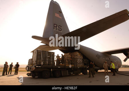 080819-F-1014W-109 de l'US Air Force un avion Hercules C-130 offre 6 palettes de l'aide humanitaire à l'aéroport international de Tbilissi, Géorgie, le 19 août 2008. L'expédition de fret, piloté par le 37e Escadron de transport aérien à partir de la Base aérienne de Ramstein, en Allemagne, a été un effort conjoint-service entre l'Europe de l'armée américaine et des soldats des forces de l'air américaine l'Europe des aviateurs qui ont livré près de 300 000 livres de fournitures médicales, d'appoint et de l'alimentation de la région au cours de la dernière semaine. Le sergent-chef. Scott Paris, U.S. Air Force. (Publié) Banque D'Images
