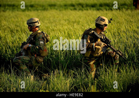 MARSOC Marines prendre un genou dans un champ de blé dans la région de Suji comme soldats de l'Armée nationale afghane et la commande d'opération spéciale Marine Marines patrouille dans le village de Farah Prov., district de Bala Baluk, Afghanistan, le 29 mars. Les forces de la coalition a commencé le CRP de trois jours dirigé par l'ANA d'une patrouille à pied par Suji, Peyo et Pasaw, une baisse de l'aide humanitaire et des fournitures pour Aka Sadiq un itinéraire à travers la recon terrain montagneux de l'est de Bala Baluk. Le sergent Nicholas Pilch) Banque D'Images