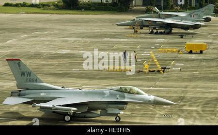 KALAIKUNDA LA STATION D'AIR, de l'Inde (AFPN) -- Un 13e Escadron de chasse F-16 Fighting Falcon taxis passé Indian Air Force MiG-27 fighters sur la piste ici. Les aviateurs américains et indiens participent à l'exercice Cope India 06, qui a commencé le 7 novembre. L'exercice contribue à l'amélioration de l'interopérabilité entre les deux armées de l'air. L'escadron déployés à partir de Misawa Air Base, le Japon. Capitaine John Redfield) Banque D'Images