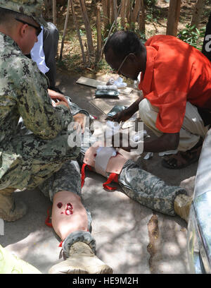 Un enseignant Djiboutien une lacération au cours de bandages simulé un premier intervenant en exercice pratique à Dikhil, Djibouti, le 15 avril 2013. Le scénario de mise en pratique de la région de Dikhil offre aux enseignants l'occasion de mettre en pratique des techniques apprises lors d'une des meilleures pratiques pour les premiers intervenants l'échange avec 411e Bataillon des affaires civiles membres de support service Combined Joint Task Force-Horn of Africa. Meilleures pratiques compris CRP ; hygiène dentaire ; la chaleur, l'œil et les blessures à la tête ; ecchymoses ; entorses et les pauses ; choc ; saignements et des brûlures. Le s.. Caleb Pierce) Banque D'Images