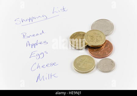 Une liste d'épicerie et une poignée de pièces de monnaie pour payer les éléments de la liste. Banque D'Images