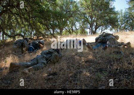 Les soldats de l'Armée américaine affecté à divers pays de l'Hôpital de Soutien au Combat (Espèces) les unités, utilisez leurs corps à un grand nombre de blessés de la protection physique de personnels entrants basés sur des scénarios de mortier sur la base d'opération avancée - phacochère, ce qui permet au personnel médical de la réserve de l'Armée de pratiquer des techniques de soutien de la vie de combat pendant l'exercice 2012 GLOBAL MEDIC, Ft. Hunter Liggett, Californie, le 19 juin 2012. Exercice GLOBAL MEDIC est un exercice annuel de formation conjointe sur le terrain pour le théâtre et la masse des systèmes d'évacuation aéromédicale composants médicaux conçus pour reproduire tous les aspects de la médecine de combat s Banque D'Images