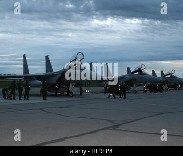 EIELSON Air Force Base, Alaska --La 7e escadre aérienne de Japan Air Self-Defense Force arrive avec six avions F-15J à Eielson Air Force Base, Alabama) peu après minuit le 11 juillet 2007. Les équipages participeront à l'exercice Red Flag Alaska 12-27 juillet. L'exercice est axé sur l'amélioration de la préparation au combat des forces américaines et l'offre de formation pour les unités de la préparation pour l'air expeditionary force nos affectations. Partenaires internationaux devront inclure le Japon, la Mongolie, l'Espagne, la Thaïlande, la Turquie et l'OTAN. Le capitaine Tana R.H. Stevenson) Banque D'Images