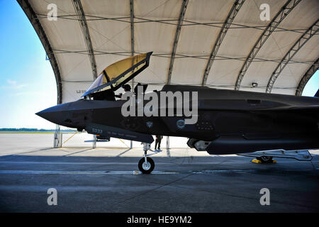 Le lieutenant-colonel Christine Mau, 33e Groupe d'opérations de commandant adjoint, se prépare à prendre son premier vol dans le F-35A sur la base aérienne d'Eglin, en Floride, le 5 mai 2015. Mau, qui ont déjà pris l'avion F-15E Strike Eagles, a fait l'histoire comme la première femme pilote de F-35 dans le programme. Le s.. Marleah Robertson) Banque D'Images