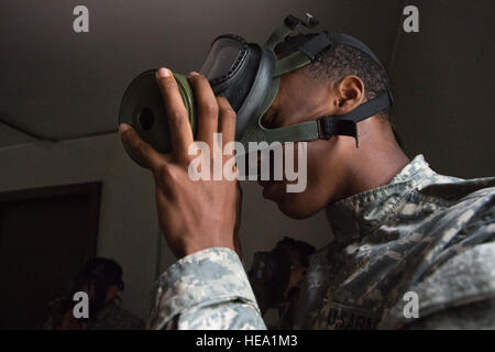 Un soldat de l'armée américaine, affecté à la Compagnie Charlie, 307e Bataillon des transmissions du Corps expéditionnaire, brise le sceau de son M40 masque de protection sur le terrain au cours d'armes chimiques, biologiques, radiologiques et nucléaires soutien la formation sur Joint Base Elmendorf-Richardson, Alaska, le 16 juillet 2015. La formation s'est terminée par des soldats masqués dans une chambre scellée remplie de gaz CS, également connu sous le nom de gaz lacrymogènes, puis de retirer leur équipement de protection pour renforcer la confiance dans leurs équipements. Alejandro Pena) Banque D'Images