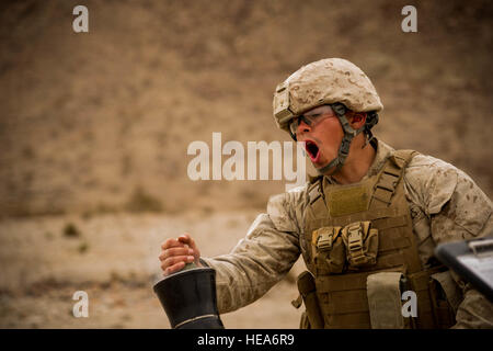 Circuit du Corps des Marines des États-Unis. Marcos Chavez Rhodes, Gunner, 1er bataillon du 4ème de marine, des armes, de l'entreprise 81 mm peloton, Camp Pendleton, Californie, charge le M252 Système de mortier de 81 mm le 26 janvier 2015, au cours de l'exercice 2-15 à la formation intégrée Marine Corps Air Ground Combat Center Twentynine Palms (MCAGCC MCAGCC), Californie mène de tir réel pertinents interarmes, les opérations urbaines, et des articulations ou de la Coalition qui favorise la formation d'intégration au niveau de l'état de préparation des forces opérationnelles. Navigant de première classe Matthieu L. Garcia Banque D'Images