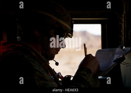 Le Caporal des Marines des États-Unis. Timothy Grottendick, exercice d'entraînement tactique du groupe de contrôle, Marine Corps Air Ground Combat Center Twentynine Palms (MCAGCC), Californie, évalue les membres de la force de l'exercice au cours de l'exercice de formation intégrée à MCAGCC 2-15, le 2 février 2015. MCAGCC mène de tir réel pertinents interarmes, les opérations urbaines, et des articulations ou de la coalition qui favorise la formation d'intégration au niveau de préparation des forces opérationnelles. Le s.. Amy F. Picard Banque D'Images