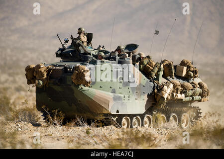 Les Marines américains avec 3e Bataillon d'assaut amphibie, 1 Division de marines, Marine Corps Air Ground Combat Center Twentynine Palms (MCAGCC), Californie, manœuvrer sur leur objectif dans un véhicule d'assaut amphibie (AAV), tout en participant à un cours d'assaut mobile au cours de l'exercice de formation intégrée 2-15, MCAGCC, Californie, 4 février 2015. MCAGCC mène de tir réel pertinents interarmes, les opérations urbaines, et des articulations ou de la coalition qui favorise la formation d'intégration au niveau de préparation des forces opérationnelles. Le sergent-chef. John R. Nimmo Sr. Banque D'Images