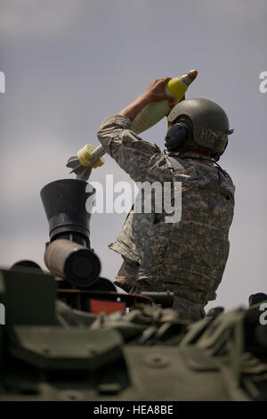 La CPS de l'armée américaine. Adrian Real à partir de la Compagnie Alpha 1er Bataillon, 21e Régiment d'infanterie, 'vrilles' 2e Stryker Brigade Combat Team, 25 Division d'infanterie, pend un mortier de 120 mm monté sur un porte mortier (MC-B) 37 au cours d'un exercice de tir réel 20 septembre 2012, à la zone d'entraînement de Pohakuloa, sur Hawaii's Big Island. Les soldats du 1er Bataillon, 21e Régiment d'infanterie, 2e SBCT, 25 ID à un mois-long exercice qui met l'accent sur l'instruction collective au niveau du peloton avec clé de l'intégration. La formation se terminera par un exercice de tir réel interarmes plus tard ce mois-ci. Banque D'Images