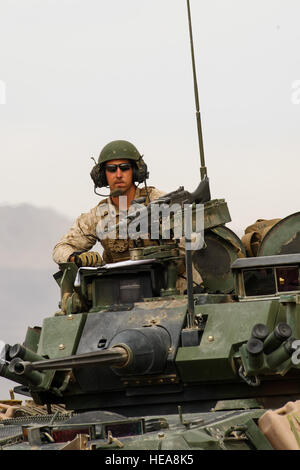 Un U.S. Marine affecté à Alpha Co. 2e Bataillon de reconnaissance blindé léger, balade en véhicule blindé léger tout en participant à l'exercice de formation intégrée 3-15, au Marine Corps Air Ground Combat Center Twentynine Palms, Californie, 20 mai, 2015. MCAGCC mène de tir réel pertinents interarmes, les opérations urbaines, et des articulations ou de la coalition qui favorise la formation d'intégration au niveau de l'état de préparation des forces opérationnelles. Airman Senior Juan A. Duenas Banque D'Images