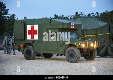 Les soldats de l'armée américaine avec le soutien au combat de la 328e charge de l'Hôpital d'aviateurs blessés sur une ambulance pour le triage après une simulation d'attaque de tir indirect sur la mise en scène d'évacuation aéromédicale Mobile Installation à Joint Readiness Training Center, Fort Polk, en Louisiane, le 23 février 2013. Les membres du service au JRTC 13-04 sont éduqués dans la lutte contre les soins aux patients et l'évacuation aéromédicale dans un environnement de combat simulé. Tech. Le Sgt. Francisco C. Govea II/ libéré) Banque D'Images