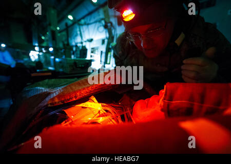 Le Lieutenant-colonel de l'US Air Force Alan Guhlke, infirmière anesthésiste, 711e aile de la performance humaine, Wright-Patterson Air Force Base, Ohio, s'occupe d'un patient simulé alors qu'à bord d'un C-17 Globemaster III à Joint Readiness Training Centre (JRTC), de Fort Polk, en Louisiane, le 18 janvier 2014. Les membres du service au JRTC 14-03 sont éduqués dans la lutte contre les soins aux patients et l'évacuation aéromédicale dans un environnement de combat simulé. Le sergent-chef. John R. Nimmo, Soeur/) Banque D'Images