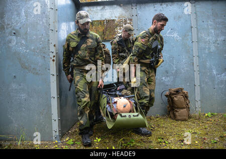 Soldats norvégiens travaillent ensemble pour compléter l'évacuation sanitaire au cours de l'événement l'équipe de Sniper meilleur compétition à la 7e armée du Commandement de l'aire d'entraînement Grafenwoehr Allemagne, le 25 octobre, 2016. L'Escouade Sniper mieux la concurrence est un stimulant de la concurrence l'Europe de l'armée les militaires de toute l'Europe de la concurrence et améliorer le travail d'équipe avec les alliés et les pays partenaires. La CPS. Sara Stalvey) Banque D'Images