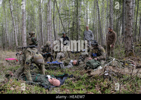 Alaska Air National Guard pararescuemen, affecté à la 212e Escadron de sauvetage, de traiter plusieurs patients simulés dans un point de collecte de dommages tout en participant à un grand nombre de victimes lors de l'exercice Joint Base Elmendorf-Richardson, Alaska, le 4 mai 2016. Au cours de l'exercice, les opérateurs de sauvetage situé, évalués, traités et évacués de nombreuses pertes tout en engageant et éliminant les multiples attaques des forces de l'opposition. En plus de l'instruction au combat mission de recherche et de sauvetage, le 212e Escadron de sauvetage fournit également des services de secours d'urgence pour les résidents et les visiteurs de l'Alaska. Alejandro Pe Banque D'Images