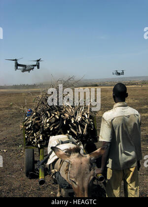 Un garçon s'arrête pour regarder les U.S. Air Force CV-22 Ospreys transportant les troupes sénégalaises et Maliennes au cours d'un exercice près de Bamako, Mali. L'exercice fournit des forces d'opérations spéciales américaines la possibilité de travailler avec les pays partenaires africains et européens dans le but d'établir des liens de confiance et de confiance Capt Bryan Purtell) Banque D'Images