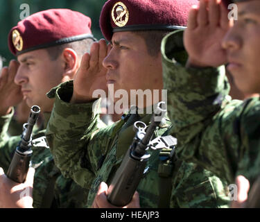 Les membres de l'armée mexicaine saluer lors d'une cérémonie en l'honneur du 201e Escadron de chasse au parc de Chapultepec à Mexico, Mexique, le 6 mars 2009. Chef de l'état-major des U.S. Navy Adm. Mike Mullen a déposé une couronne à la 201e memorial et parlé avec d'anciens membres de l'escadron, qui déployés avec les forces américaines aux Philippines pendant la Seconde Guerre mondiale. Le sergent-chef de l'Armée de l'air. Adam M. moignon. (Publié) Banque D'Images