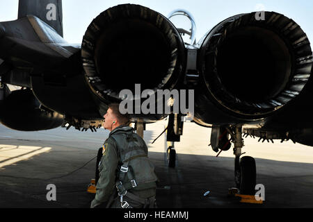U.S. Air Force Le Major Joe Élam, 4e Escadron de soutien des opérations, effectue des vérifications avant vol sur un F-15E Strike Eagle avant une mission de formation de l'annihilation sur Seymour Johnson Air Force Base, N.C., 16 avril 2012. L'aile a généré près de 70 avions pour détruire plus de 1 000 plages de bombardement de cibles sur l'ensemble de l'état à l'occasion de la 4e Escadre de chasse est la victoire sur la Luftwaffe le 16 avril 1945. ( Le s.. Eric Harris Banque D'Images