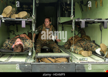 La Marine américaine, le Maître de 3e classe Rebecca Hurst, un avec le corpsman Robert M. Casey et Médecine Clinique Dentaire de Iwakuni Marine Corps Air Station traite les victimes simulées pendant l'exercice 2016 Eagle colère au centre de formation interarmes Fuji Camp, Japon, Juillet 8, 2016. L'Escadron de soutien de l'aile Marine (MWSS) 171 prévoit terminer leur unité annuels de formation tout au long de trois étapes, qui se concentre sur la défense au sol de la base de l'air et du Corps des Marines des compétences communes qui sont incapables de se former à l'échelle locale. Pour clôturer l'exercice 2016, la colère de l'Aigle 'America's squadron' va conquérir le mont Fuji avant Banque D'Images