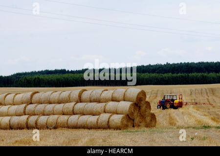 Un agriculteur prend une pause de son travail et d'enquêtes un champ sur la route de la Base Aérienne de Powidz, Pologne, le 1 août 2014. Le déploiement de deux avions C-130J Super Hercules de la Base aérienne de Ramstein, en Allemagne, ont été bien reçus par le peuple polonais. Le s.. Jarad A. Denton Banque D'Images