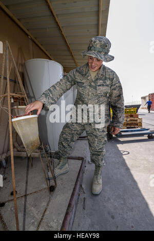 Airman Senior Jordan Hocker inspecte une mouche derrière la salle à manger du sac à la 379e escadre expéditionnaire aérienne en Asie du Sud-Ouest, 8 octobre 2013. Pest Management aviateurs, effectuer des inspections aléatoires à l'échelle de base pour garantir la qualité. Hocker est un 379e Escadron de génie civil expéditionnaire de compagnon de lutte déployés à partir de la Base aérienne de Ramstein, Allemagne et est originaire de Indianapolis. Tech. Le Sgt. Joselito Aribuabo) Banque D'Images