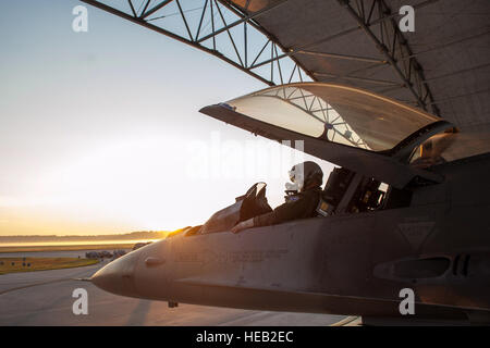 Le Major Ryan Corrigan se trouve dans le cockpit d'un F-16 Fighting Falcon pendant le lever du soleil, le 9 septembre 2013, à la base de la Garde nationale mixte Guess, L.C. (membres de la 169e Escadre de chasse sont la réalisation d'une évaluation d'état certifié, qui évalue leur capacité à fonctionner efficacement et en toute sécurité dans un environnement de combat chimiques déployée. Corrigan est avec le 157e Escadron de chasse, Caroline du Sud Air National Guard. (U.S. Air National Guard photo/Le s.. Jorge Intriago) Banque D'Images