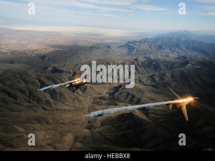 Un navire à deux lancers de B-1B affecté à la 28e Bomb Squadron, Dyess Air Force Base, Texas, relâcher la balle et les fusées pendant la manoeuvre au Nouveau Mexique lors d'une mission de formation le 24 février 2010. Dyess célèbre le 25e anniversaire de la première arrivée des bombardiers B-1B à la base. (U.S. Photo de l'Armée de l'air/ Master Sgt. Kevin J. Gruenwald) Banque D'Images