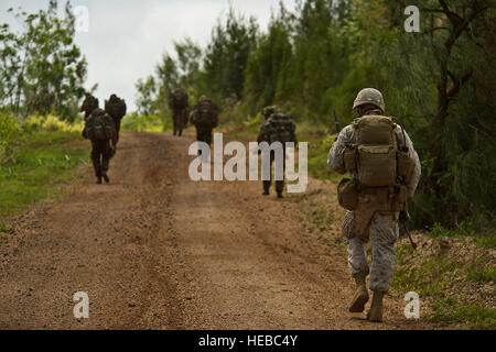 Le Corps des Marines des États-Unis. Ryan Rittenhouse, la Compagnie Alpha, 1er Bataillon, 3e Régiment de Marines et de soldats de l'Armée de Nouvelle-Zélande aller de l'avant en place d'un chemin de terre au domaine de formation, Kahuku (KTA) près de la rive nord de Ohau, New York le 31 juillet 2012, à l'appui de Rim of the Pacific (RIMPAC) 2012. Les Marines américains, les soldats de l'Armée de Nouvelle-Zélande, et des marines de la République de Corée, a atterri à KTA de mener une multinationale air assault-formation mission pour effacer une simulation d'engins explosifs improvisés (IED) site de fabrication. Vingt-deux nations, plus de 40 navires et sous-marins, plus de 200 Banque D'Images