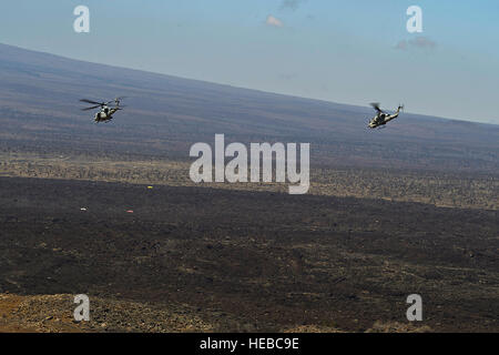 Un Corps des Marines américains UH-1Y Venom et un AH-1W Super Cobra Marine de l'hélicoptère d'attaque léger (169 Escadron HMLA-169) conduite close air support formation pendant un exercice Rim of the Pacific (RIMPAC) 2012 mission de formation de combat d'incendie en direct le 23 juillet 2012, sur la zone d'entraînement de Pohakuloa, (ATP) Hawaii. HMLA-169 fait partie de l'élément de combat de l'aviation maritime spécialisé Groupe de travail air-sol 3. Vingt-deux nations, plus de 40 navires et sous-marins, plus de 200 avions et 25 000 personnes participent à l'exercice RIMPAC depuis juin.29 à 3 Août, dans et autour des îles hawaïennes. La wo Banque D'Images