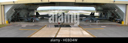Deux bombardiers B-2 Spirit et quatre F-15E Strike Eagles sont garés dans le hangar 1 de Andersen Air Force Base, Guam, le 6 août. L'avion ont été déplacé dans le hangar en vue d'une tempête tropicale qui devrait atteindre l'Île ce jour-là. C'était la première fois, les six avions avait été stationné dans le hangar, révèle que les fonctionnaires de base le hangar pourrait accueillir l'avion, et d'aider à l'avenir dans la tempête tropicale et du typhon la planification. Les deux kamikazes sont déployés dans le 13e Escadron de la bombe expéditionnaire 509e Bomb Wing à Whiteman AFB, Mo. Les combattants sont déployés à la 90e Expe Banque D'Images