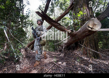 La CPS de l'armée américaine. Thomas Boyd, 500e Brigade de renseignement militaire, fait son chemin à un événement de formation emplacement au cours de l'armée américaine Défi Guerrier Pacifique le 11 juin 2014, à Schofield Barracks, à Hawaï. Au cours des quatre jours de compétition, les soldats sont testés sur leurs connaissances de l'armée, la condition physique et mentale d'endurance pour gagner des points pour le concours. Les gagnants le sous-officier et soldat de l'année catégories continuera sur au ministère de l'Armée Concours meilleur guerrier de niveau. (U.S. Photo de l'Armée de l'air par le sergent. Christopher Hubenthal) Banque D'Images