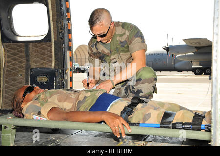 Le sergent de l'armée française. Le major Fred Oziql, une infirmière, remplit la paperasse sur un patient simulé, l'armée française Le Cpl. Cuisinier Ratibou Noida, au cours d'un exercice d'un grand nombre de blessés s'est déroulée au Camp Lemonnier, Djibouti, le 20 novembre, 2013. L'hôpital français et de l'evasan crew a participé à l'exercice pour améliorer les capacités d'intervention d'urgence. "Certaines parties de cette image blrred ont été pour des raisons de sécurité." (U.S. Air Force photo de Tech. Le Sgt. Megan Crusher/libérés) Banque D'Images