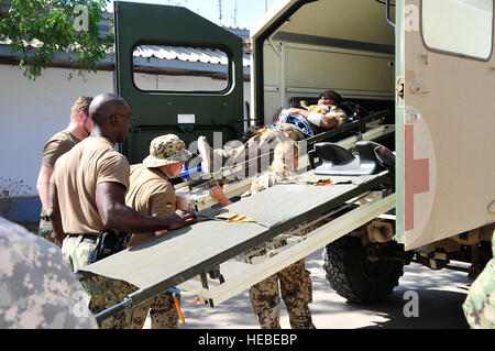 Un médecin de la Marine américaine aide les collègues allemands avec le chargement d'un patient simulé dans leur ambulance au cours d'un exercice réalisé de nombreux blessés au Camp Lemonnier, Djibouti, le 20 novembre, 2013. L'exercice de service commun, les capacités de base de l'essai en cas d'urgence. (U.S. Air Force photo de Tech. Le Sgt. Megan. Crusher/libérés) Banque D'Images