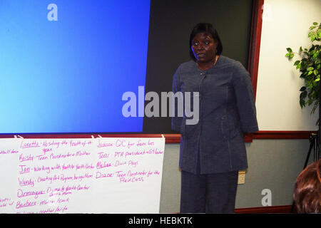 Loretta Gaines, un coordinateur des jeunes à partir de la base aérienne MacDill, Floride, donne une présentation au cours de formation avancé en leadership à l'Administration centrale à Air Mobility Command Scott AFB, en Illinois, le 8 décembre 2011. La formation, dirigée par AMC siège et le Boys & Girls Clubs of America, a été conçu pour aider les aviateurs, les civils de l'Armée de l'air et les membres de la famille à devenir plus résilientes et mieux équipées pour faire face aux rigueurs de la vie militaire. (U.S. Air Force photo par le Sgt. Sturkol Scott/libérés) Banque D'Images