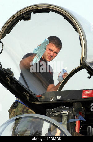 GWAILOR AIR FORCE STATION, en Inde -- Senior Airman Joshua Frederick nettoie une F-15 Eagle canopy suivant le jour des missions d'ici le 18 février au cours de faire face l'Inde '04. Environ 150 aviateurs canadiens sont déployés pour la première chasse de l'exercice bilatéral entre les États-Unis et les forces aériennes indiennes depuis plus de 40 ans. Airman Frederick est affecté à la 19e Unité de maintenance d'aéronefs à partir de la base aérienne Elmendorf, en Alaska. (U.S. Air Force photo de Tech. Le Sgt. Keith Brown) Banque D'Images