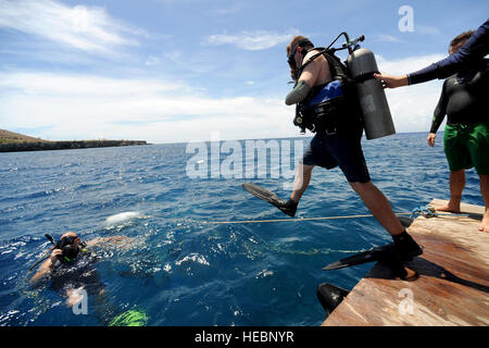 Le Major de l'armée de David Underwood, une entreprise de soldats Mobilité plongée participant, entre dans l'eau à la base navale de Guantanamo Bay, le 27 août, 2010. Les bénévoles de la station navale de Guantanamo Bay et de la Force opérationnelle interarmées Guantanamo accueilli DUU participants 26-31 août. Banque D'Images