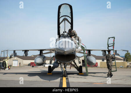 Les membres de l'armée de l'air sud-coréenne d'inspecter leurs F-16D Fighting Falcon avant de lancer à Eielson Air Force Base, en Alaska, le 4 août 2015. L'armée de l'air sud-coréen participe à RF-A 15-3, une formation sur le terrain des forces de l'air du Pacifique des Etats-Unis et de l'exercice, les forces du pays partenaire, fournissant des contre-offensive combinée, de l'interdiction de l'air, l'appui aérien rapproché et de grande force la formation à l'emploi dans un environnement de combat simulé. (U.S. Air Force photo/1er lieutenant Elias Zani) Banque D'Images