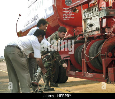 KALAIKUNDA LA STATION D'AIR, de l'Inde (AFPN) -- Le s.. Trey Norris bobines dans un flexible d'alimentation en carburant après le ravitaillement d'un F-16 Fighting Falcon au cours de faire face l'Inde 2006. Au cours de l'exercice, le sergent Norris a travaillé en étroite collaboration avec l'Indian Oil Company pour remplir 146 avion ravitaille -- près de 235 000 gallons de carburant. Le sergent Norris est un superviseur de la distribution de carburants 374e Escadron de Préparation logistique à Yokota Air Base, le Japon. (U.S. Air Force photo de Tech. Le Sgt. Martin Jackson) Banque D'Images