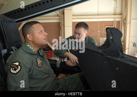 U.S. Air Force Le Lieutenant-colonel Dave Rose, droite, commandant adjoint du 53e Escadron d'essai et d'évaluation des mémoires, Terrence Howard acteur sur le F-22 Raptor avion à Nellis Air Force Base, Nevada, 16 mars 2007. Howard fait des recherches sur son rôle comme un pilote américain dans le film 'l'homme de fer", qui commence le tournage bientôt. (U.S. Photo de l'Armée de l'air par le sergent. Scottie McCord/libérés) Banque D'Images